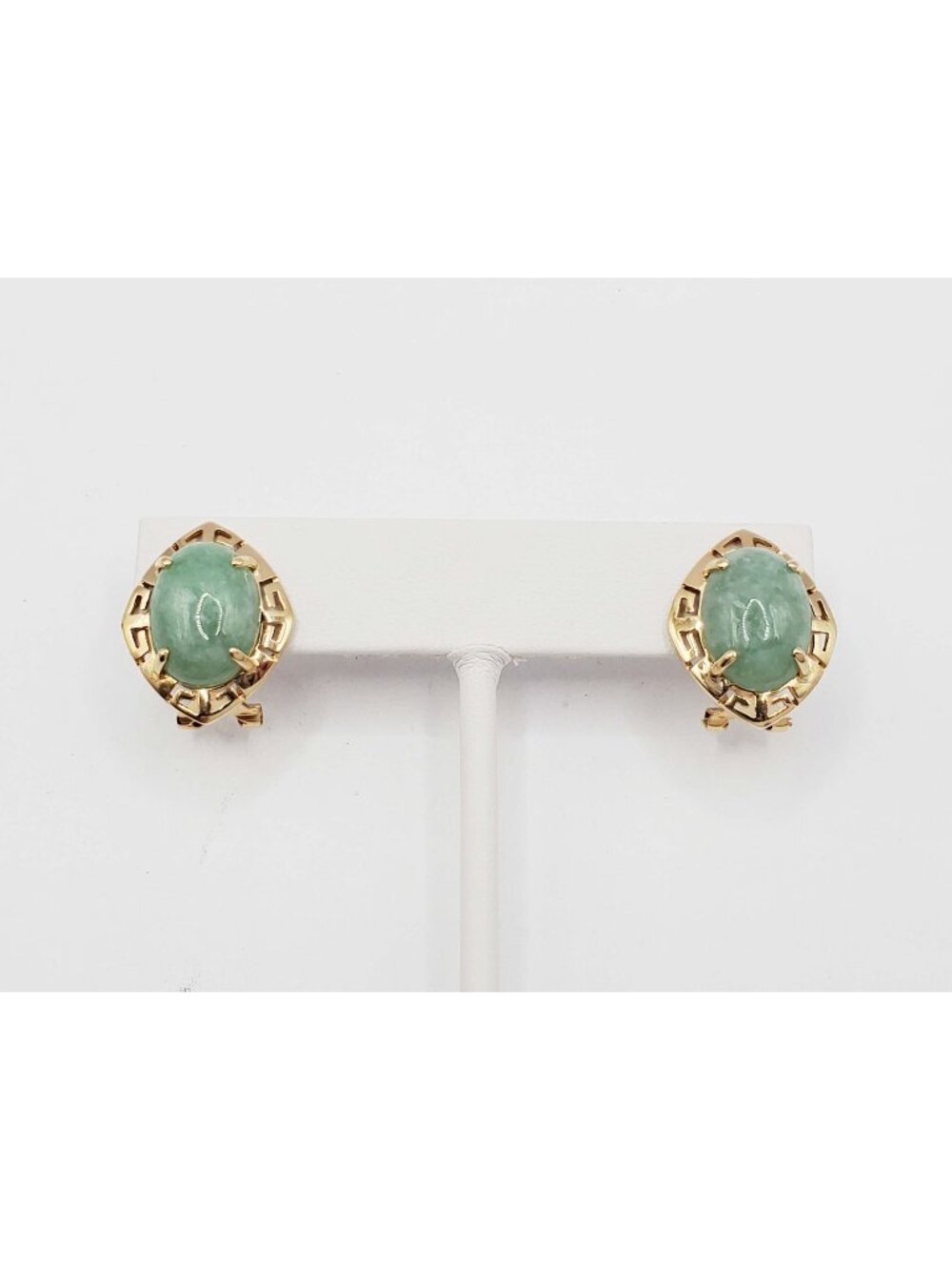 Oval Jade Cabochon Omega Clip Earrings 14k Gold